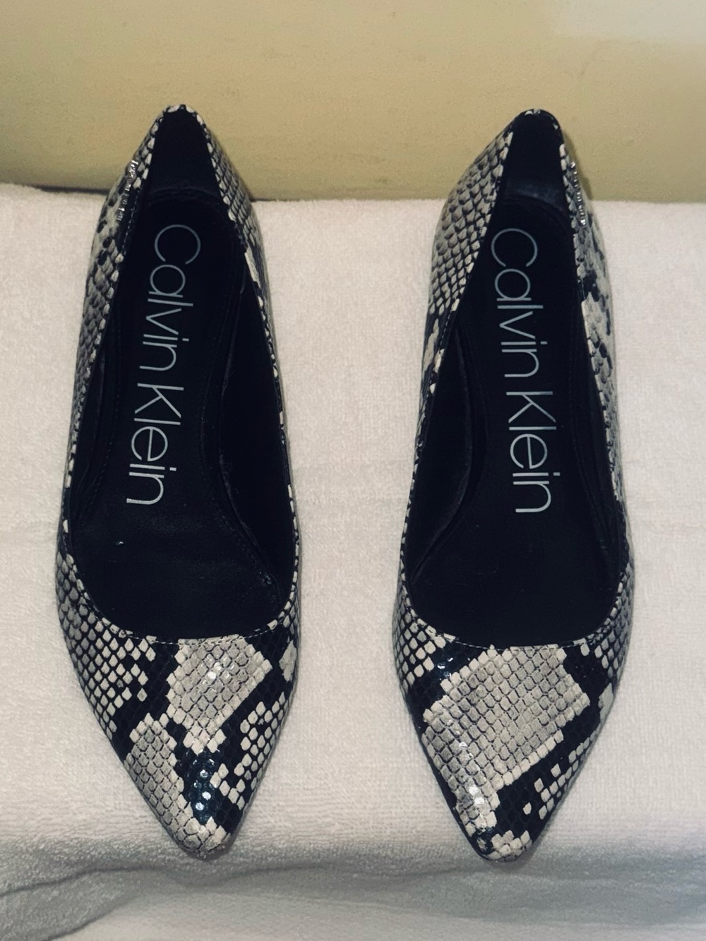 Calvin Klein Snake-Print Pointed Toe Flats - Black & White